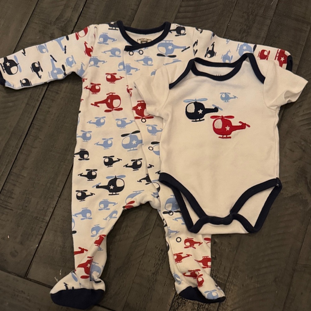 NWOT Helicopter Print Kids One Piece Set - Red, Blue, White